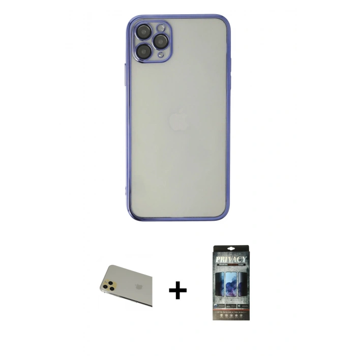MARSİLYAN™- iPhone 11 Pro Max Kılıf Vadi Minimal - Siyah 34D Hayalet Izgaralı Cam + Rainbow Kamera Lens Koruma Cam - GD