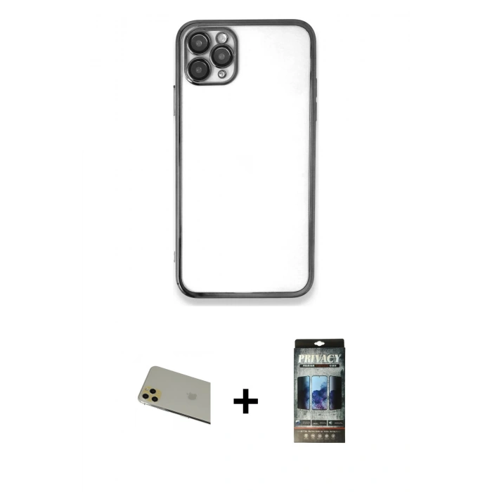 MARSİLYAN™- iPhone 11 Pro Max Kılıf Vadi Minimal - Siyah 34D Hayalet Izgaralı Cam + Rainbow Kamera Lens Koruma Cam - GD