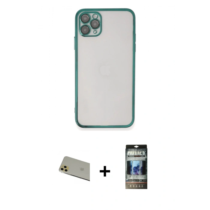 MARSİLYAN™- iPhone 11 Pro Max Kılıf Vadi Minimal - Siyah 34D Hayalet Izgaralı Cam + Rainbow Kamera Lens Koruma Cam - GD