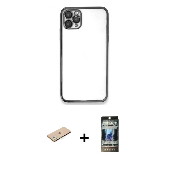 MARSİLYAN™- iPhone 11 Pro Max Kılıf Vadi Minimal - Siyah 34D Hayalet Izgaralı Cam + Renkli Kamera Lens Koruma Cam - YL