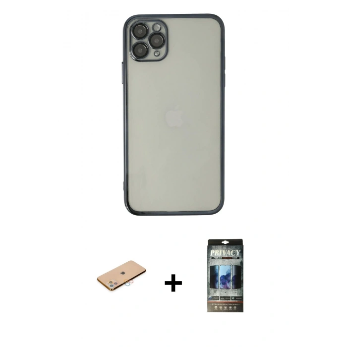 MARSİLYAN™- iPhone 11 Pro Max Kılıf Vadi Minimal - Siyah 34D Hayalet Izgaralı Cam + Renkli Kamera Lens Koruma Cam - PE