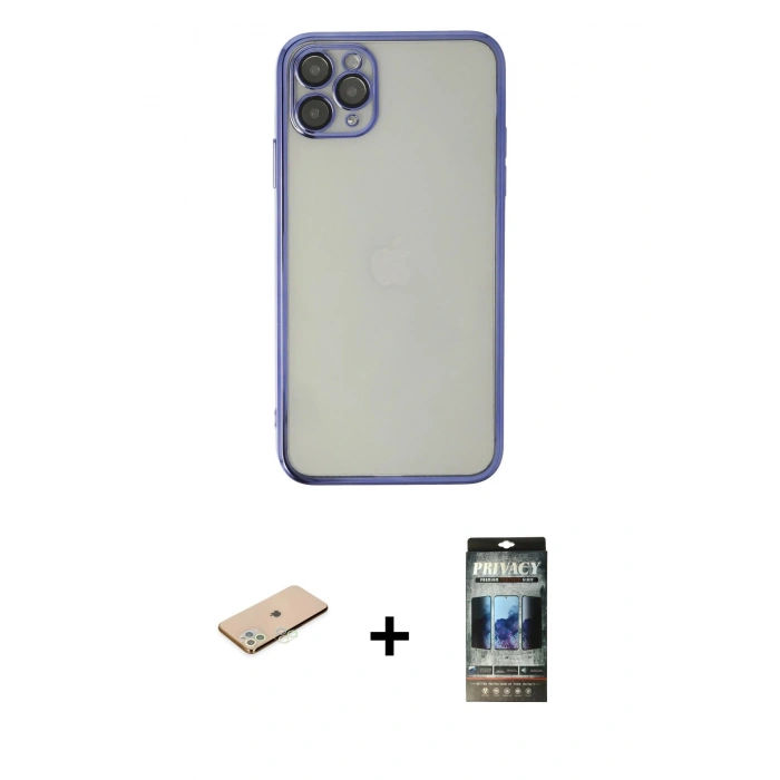 MARSİLYAN™- iPhone 11 Pro Max Kılıf Vadi Minimal - Siyah 34D Hayalet Izgaralı Cam + Renkli Kamera Lens Koruma Cam - YL