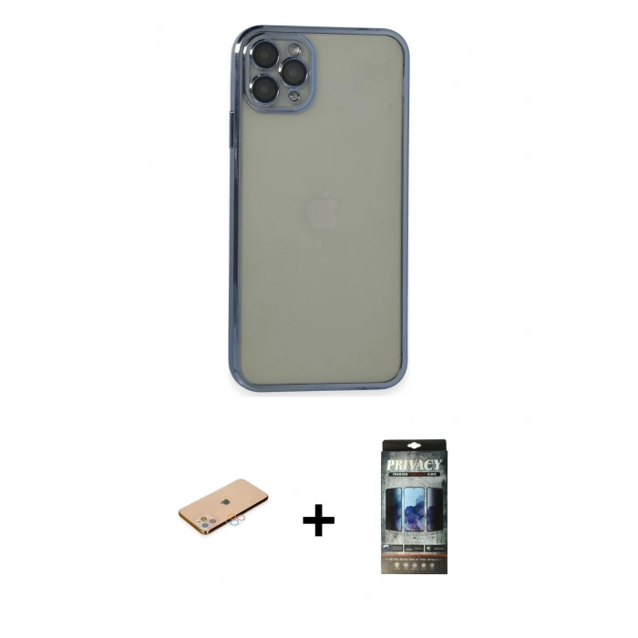 MARSİLYAN™- iPhone 11 Pro Max Kılıf Vadi Minimal - Siyah 34D Hayalet Izgaralı Cam + Renkli Kamera Lens Koruma Cam - PE