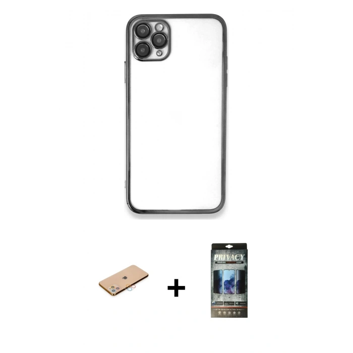 MARSİLYAN™- iPhone 11 Pro Max Kılıf Vadi Minimal - Siyah 34D Hayalet Izgaralı Cam + Renkli Kamera Lens Koruma Cam - PE