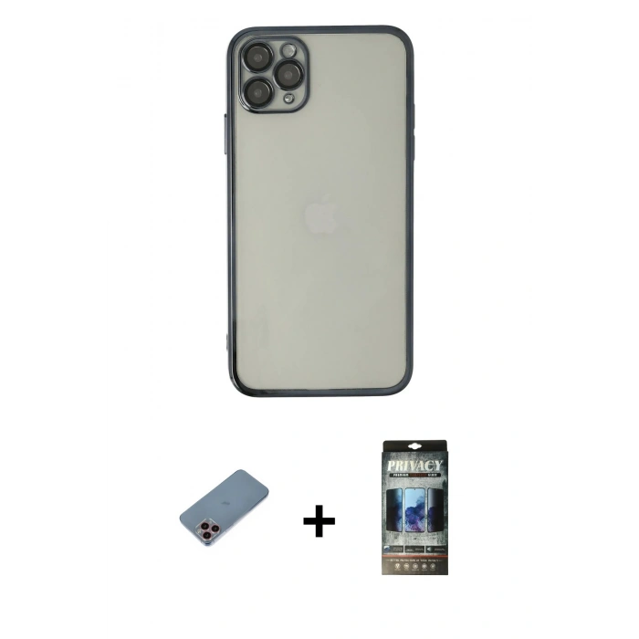 MARSİLYAN™- iPhone 11 Pro Max Kılıf Vadi Minimal - Siyah 34D Hayalet Izgaralı Cam + Shine Kamera Lens Koruma Cam - PE