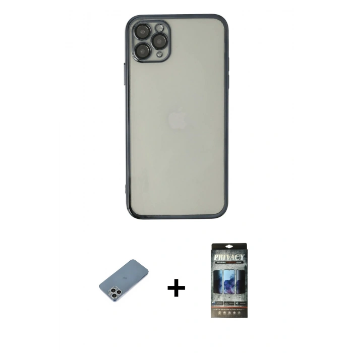 MARSİLYAN™- iPhone 11 Pro Max Kılıf Vadi Minimal - Siyah 34D Hayalet Izgaralı Cam + Shine Kamera Lens Koruma Cam - GS