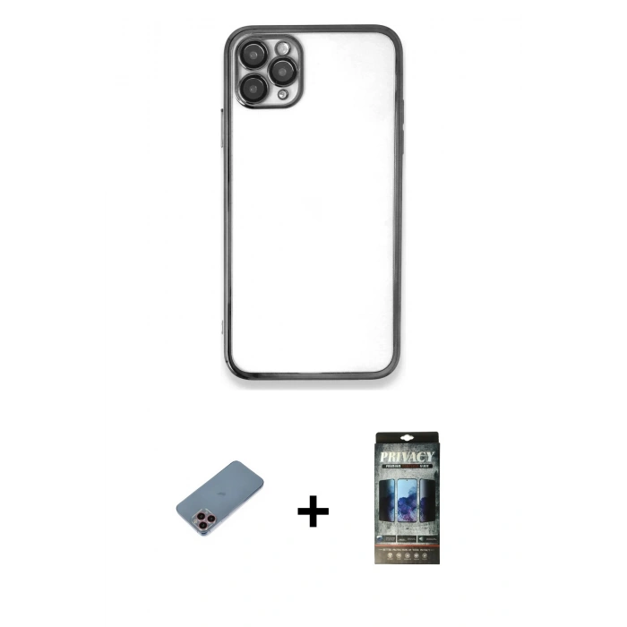 MARSİLYAN™- iPhone 11 Pro Max Kılıf Vadi Minimal - Siyah 34D Hayalet Izgaralı Cam + Shine Kamera Lens Koruma Cam - PE