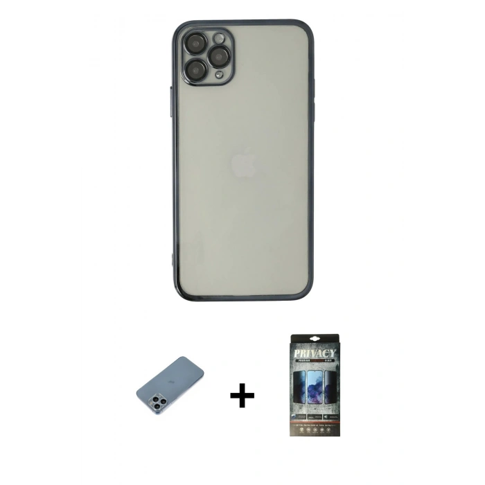 MARSİLYAN™- iPhone 11 Pro Max Kılıf Vadi Minimal - Siyah 34D Hayalet Izgaralı Cam + Sierra Blue Shine Kamera Lens Koruma Cam