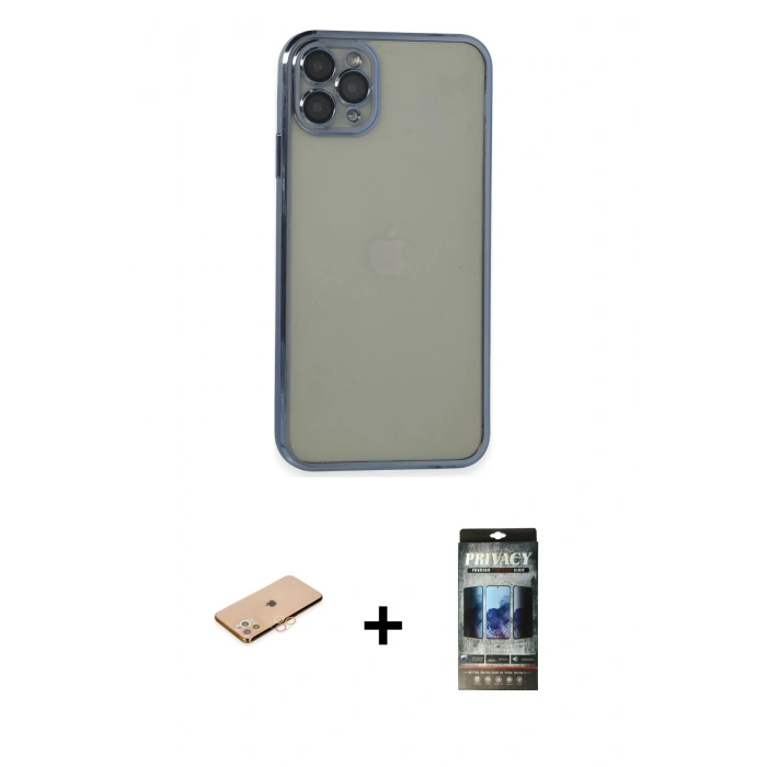 MARSİLYAN™- iPhone 11 Pro Max Kılıf Vadi Minimal - Siyah 34D Hayalet Izgaralı Cam + Renkli Kamera Lens Koruma Cam - TU