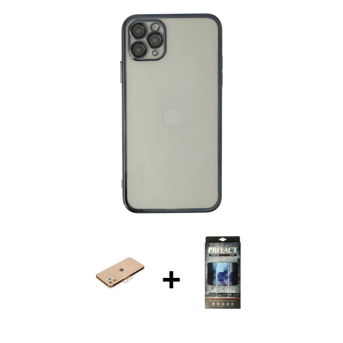 MARSİLYAN™- iPhone 11 Pro Max Kılıf Vadi Minimal - Siyah 34D Hayalet Izgaralı Cam + Renkli Kamera Lens Koruma Cam - TU