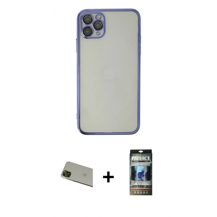 MARSİLYAN™- iPhone 11 Pro Max Kılıf Vadi Minimal - Siyah 34D Hayalet Izgaralı Cam + Rainbow Kamera Lens Koruma Cam - YL