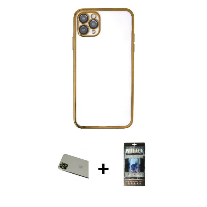 MARSİLYAN™- iPhone 11 Pro Max Kılıf Vadi Minimal - Siyah 34D Hayalet Izgaralı Cam + Rainbow Kamera Lens Koruma Cam - YL