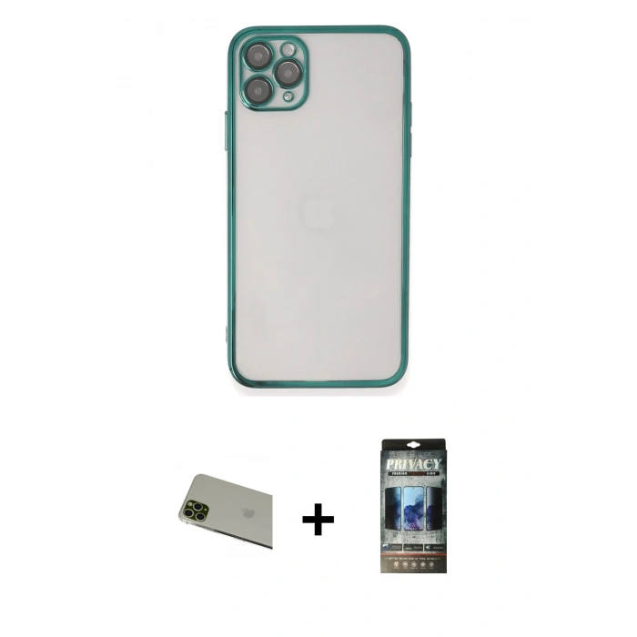 MARSİLYAN™- iPhone 11 Pro Max Kılıf Vadi Minimal - Siyah 34D Hayalet Izgaralı Cam + Rainbow Kamera Lens Koruma Cam - YL