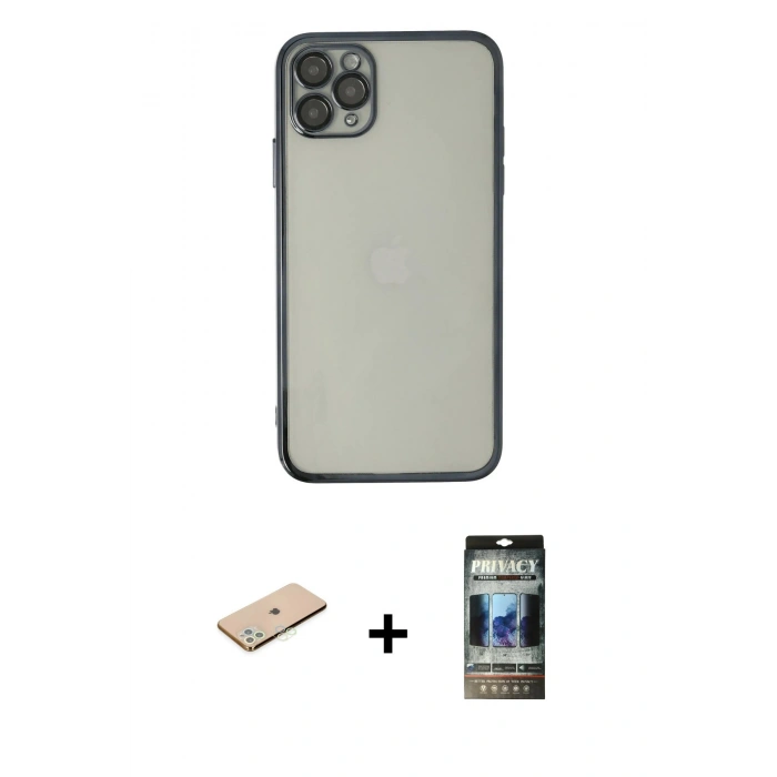 MARSİLYAN™- iPhone 11 Pro Max Kılıf Vadi Minimal - Siyah 34D Hayalet Izgaralı Cam + Renkli Kamera Lens Koruma Cam - YL