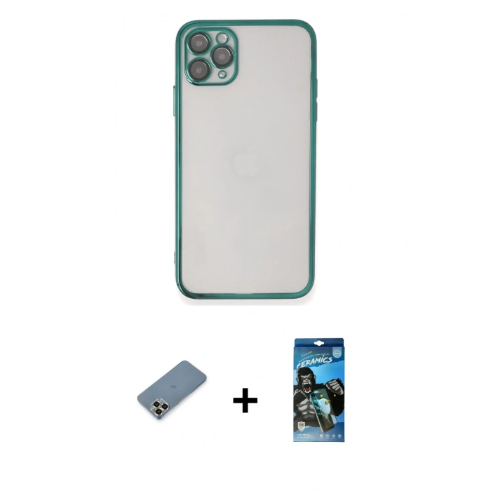 MARSİLYAN™- iPhone 11 Pro Max Kılıf Vadi Minimal - Siyah 34D Izgaralı Cam + Metal Kamera Lens Koruma Cam - GD