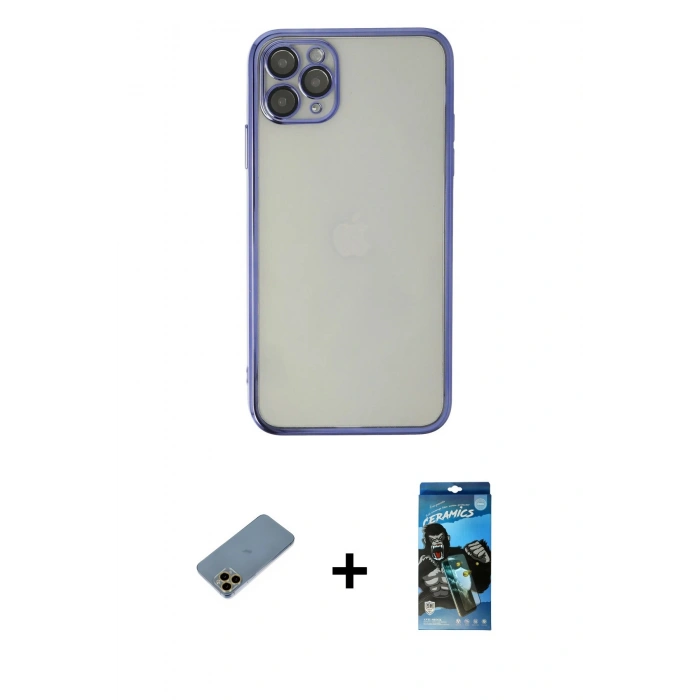 MARSİLYAN™- iPhone 11 Pro Max Kılıf Vadi Minimal - Siyah 34D Izgaralı Cam + Shine Kamera Lens Koruma Cam - GD