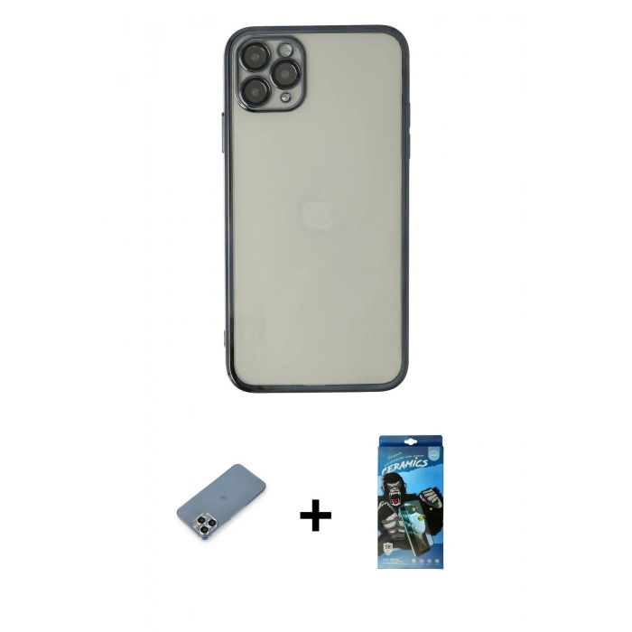MARSİLYAN™- iPhone 11 Pro Max Kılıf Vadi Minimal - Siyah 34D Izgaralı Cam + Metal Kamera Lens Koruma Cam - GS