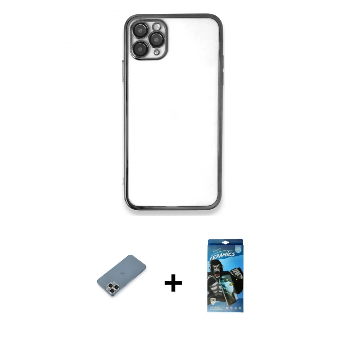 MARSİLYAN™- iPhone 11 Pro Max Kılıf Vadi Minimal - Siyah 34D Izgaralı Cam + Metal Kamera Lens Koruma Cam - GS