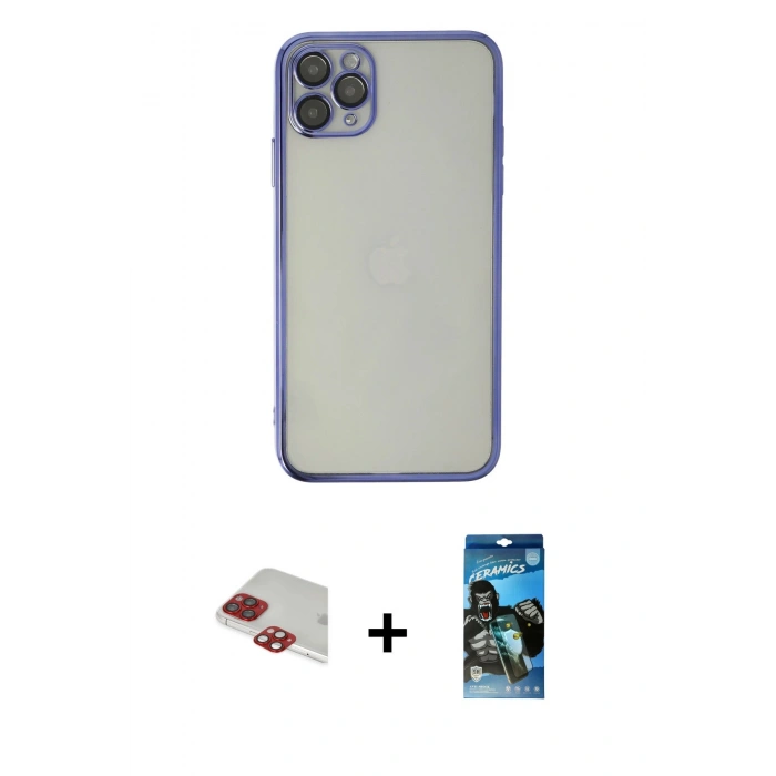 MARSİLYAN™- iPhone 11 Pro Max Kılıf Vadi Minimal - Siyah 34D Izgaralı Cam + Pers Alüminyum Kamera Lens - KI