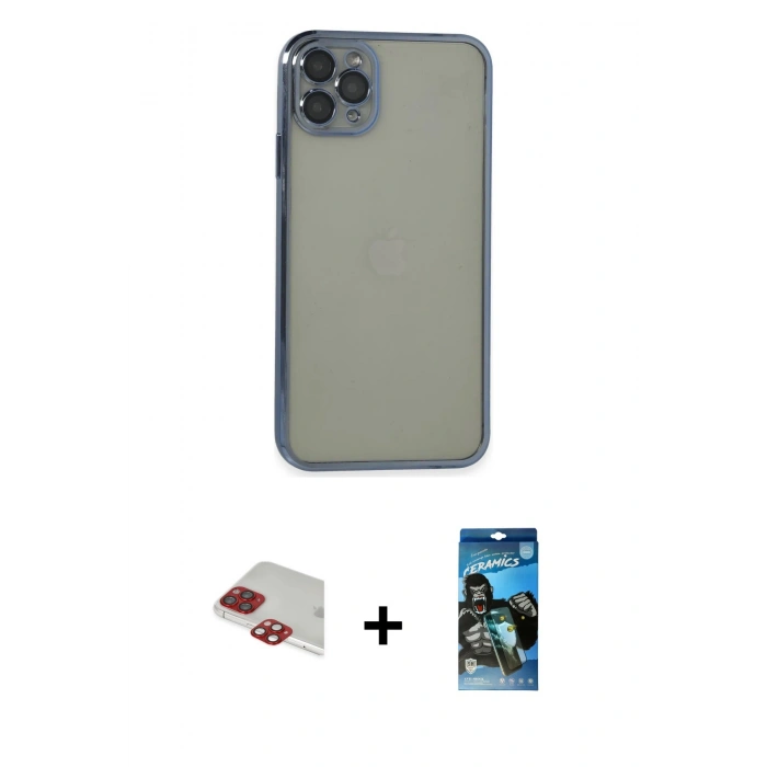 MARSİLYAN™- iPhone 11 Pro Max Kılıf Vadi Minimal - Siyah 34D Izgaralı Cam + Pers Alüminyum Kamera Lens - KI
