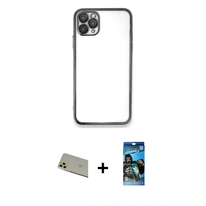 MARSİLYAN™- iPhone 11 Pro Max Kılıf Vadi Minimal - Siyah 34D Izgaralı Cam + Rainbow Kamera Lens Koruma Cam - GD