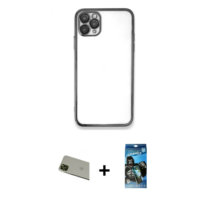 MARSİLYAN™- iPhone 11 Pro Max Kılıf Vadi Minimal - Siyah 34D Izgaralı Cam + Rainbow Kamera Lens Koruma Cam - YL