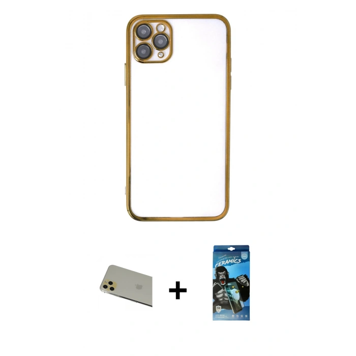 MARSİLYAN™- iPhone 11 Pro Max Kılıf Vadi Minimal - Siyah 34D Izgaralı Cam + Rainbow Kamera Lens Koruma Cam - GD