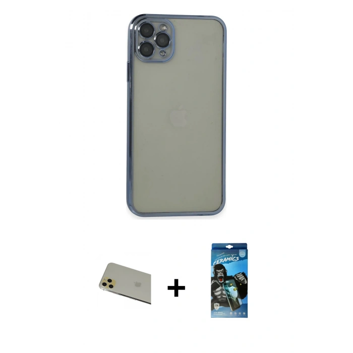 MARSİLYAN™- iPhone 11 Pro Max Kılıf Vadi Minimal - Siyah 34D Izgaralı Cam + Rainbow Kamera Lens Koruma Cam - GD