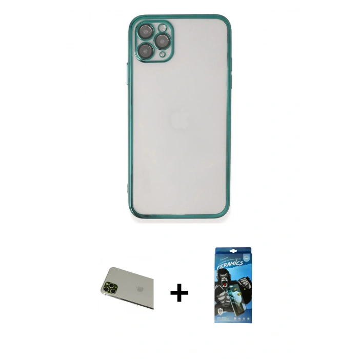 MARSİLYAN™- iPhone 11 Pro Max Kılıf Vadi Minimal - Siyah 34D Izgaralı Cam + Rainbow Kamera Lens Koruma Cam - YL