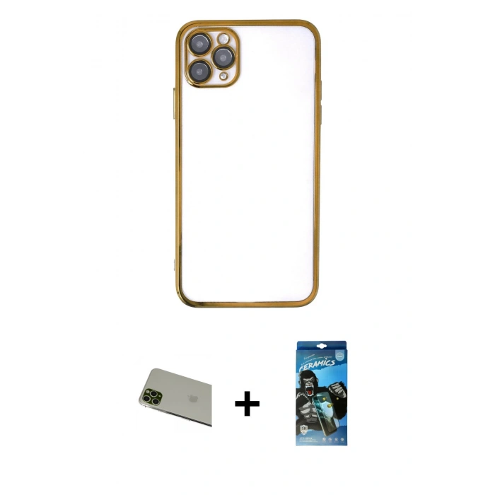 MARSİLYAN™- iPhone 11 Pro Max Kılıf Vadi Minimal - Siyah 34D Izgaralı Cam + Rainbow Kamera Lens Koruma Cam - YL