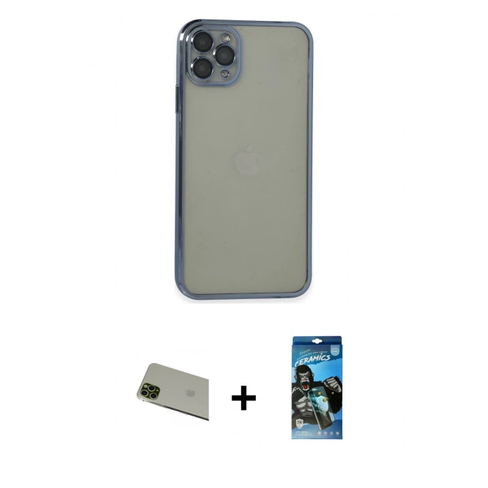 MARSİLYAN™- iPhone 11 Pro Max Kılıf Vadi Minimal - Siyah 34D Izgaralı Cam + Rainbow Kamera Lens Koruma Cam - YL