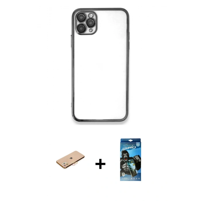 MARSİLYAN™- iPhone 11 Pro Max Kılıf Vadi Minimal - Siyah 34D Izgaralı Cam + Renkli Kamera Lens Koruma Cam - TU