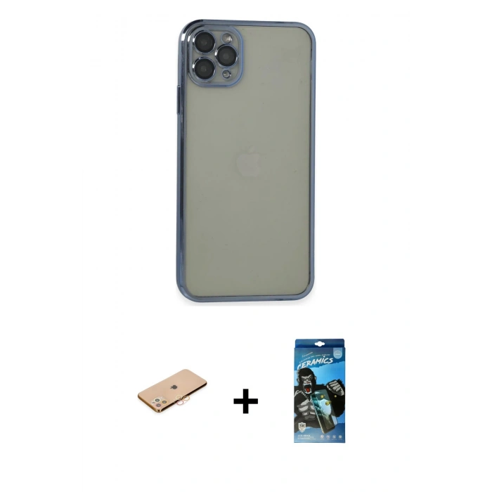MARSİLYAN™- iPhone 11 Pro Max Kılıf Vadi Minimal - Siyah 34D Izgaralı Cam + Renkli Kamera Lens Koruma Cam - TU
