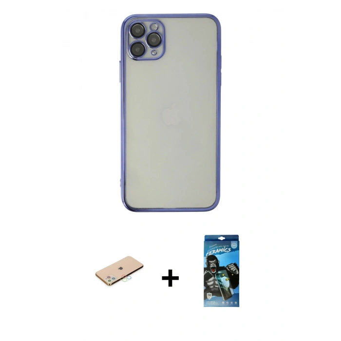MARSİLYAN™- iPhone 11 Pro Max Kılıf Vadi Minimal - Siyah 34D Izgaralı Cam + Renkli Kamera Lens Koruma Cam - MI