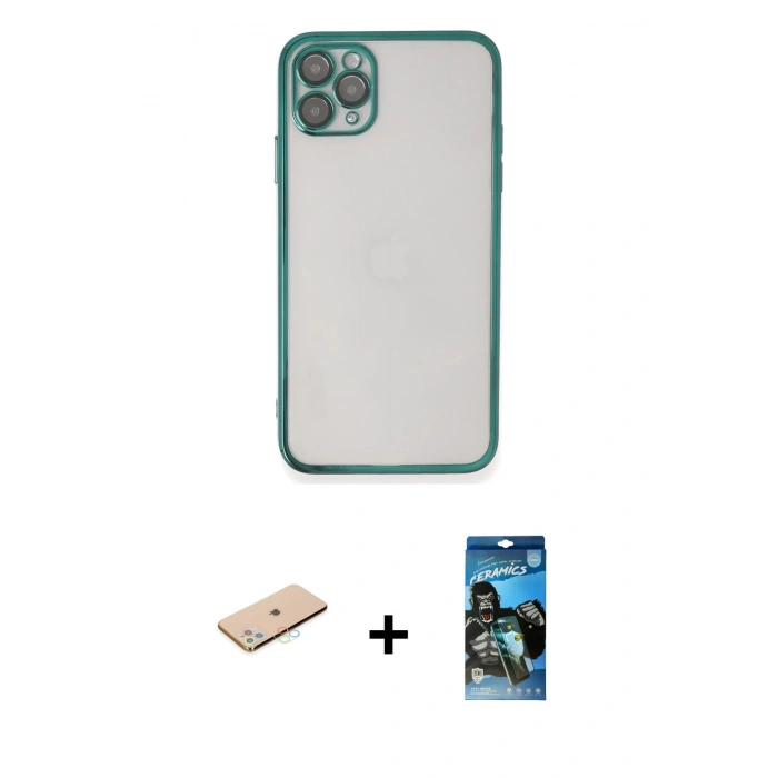 MARSİLYAN™- iPhone 11 Pro Max Kılıf Vadi Minimal - Siyah 34D Izgaralı Cam + Renkli Kamera Lens Koruma Cam - MI