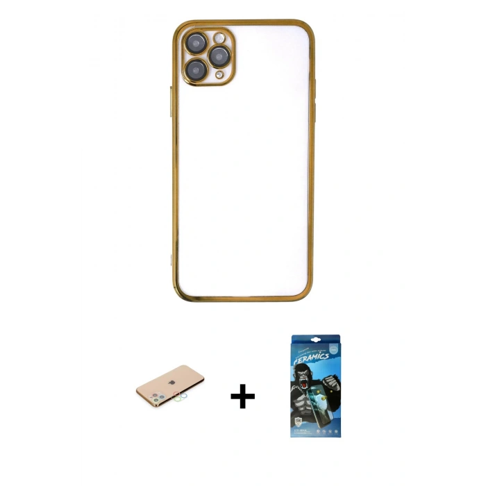 MARSİLYAN™- iPhone 11 Pro Max Kılıf Vadi Minimal - Siyah 34D Izgaralı Cam + Renkli Kamera Lens Koruma Cam - MI