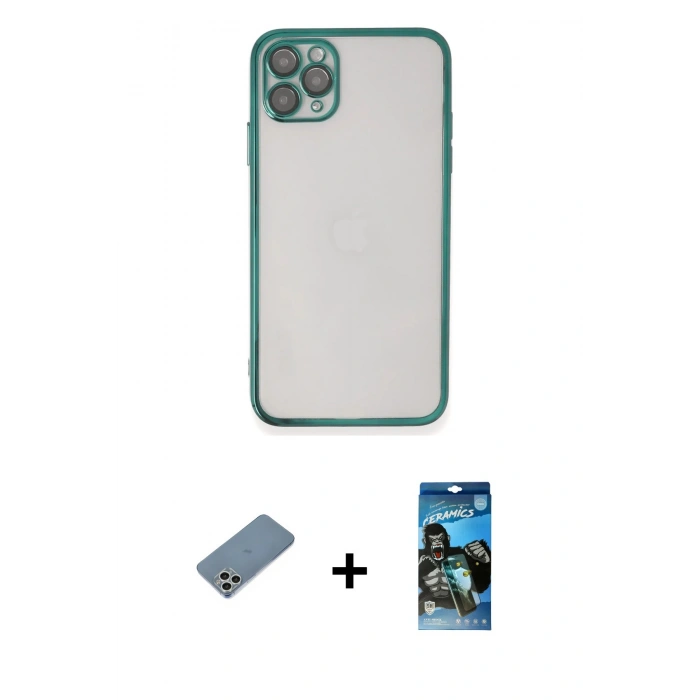 MARSİLYAN™- iPhone 11 Pro Max Kılıf Vadi Minimal - Siyah 34D Izgaralı Cam + Shine Kamera Lens Koruma Cam - GS