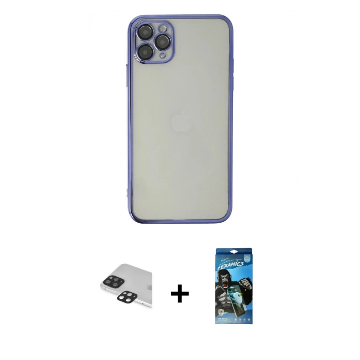 MARSİLYAN™- iPhone 11 Pro Max Kılıf Vadi Minimal - Siyah 34D Izgaralı Cam + Siyah Pers Alüminyum Kamera Lens