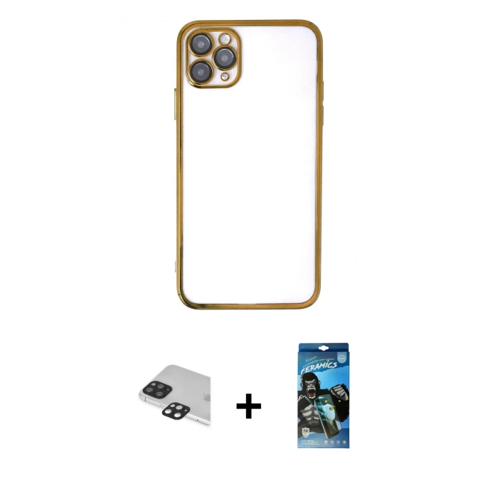 MARSİLYAN™- iPhone 11 Pro Max Kılıf Vadi Minimal - Siyah 34D Izgaralı Cam + Siyah Pers Alüminyum Kamera Lens