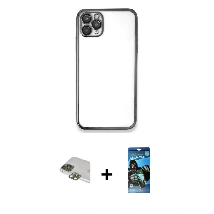 MARSİLYAN™- iPhone 11 Pro Max Kılıf Vadi Minimal - Siyah 34D Izgaralı Cam + Pers Alüminyum Kamera Lens - YL