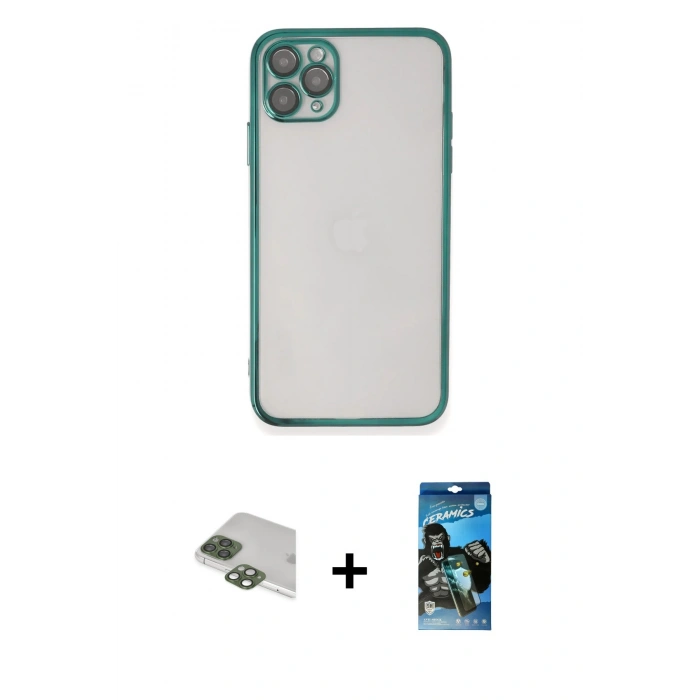 MARSİLYAN™- iPhone 11 Pro Max Kılıf Vadi Minimal - Siyah 34D Izgaralı Cam + Pers Alüminyum Kamera Lens - YL