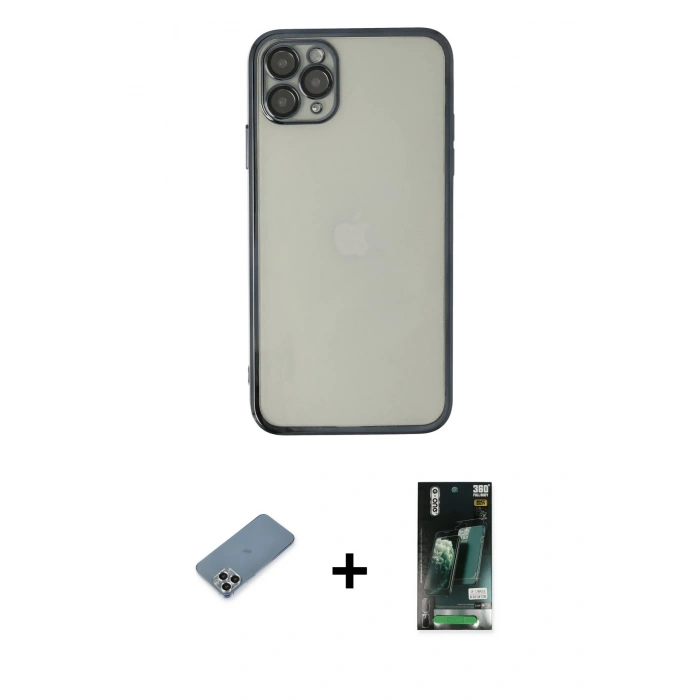 MARSİLYAN™- iPhone 11 Pro Max Kılıf Vadi Minimal - Siyah 360 Mat Full Body Arka Koruyucu + Metal Kamera Lens Koruma Cam - GS