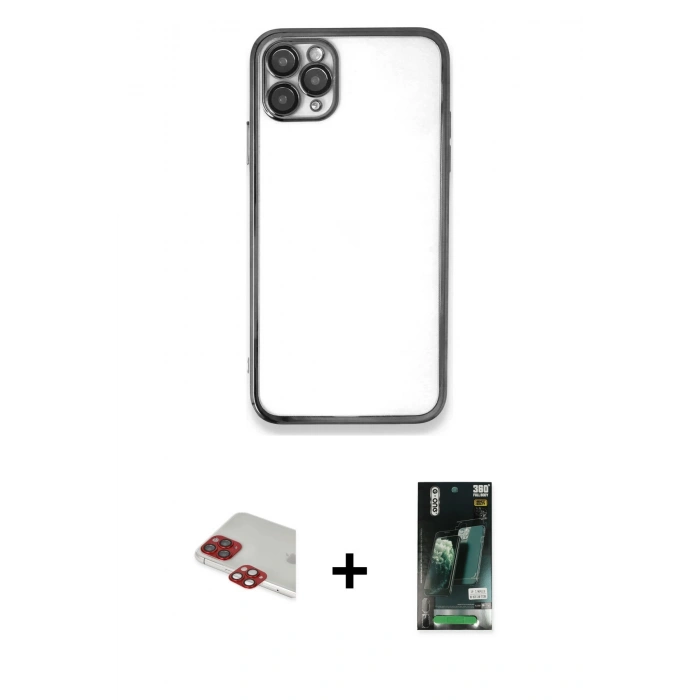 MARSİLYAN™- iPhone 11 Pro Max Kılıf Vadi Minimal - Siyah 360 Mat Full Body Arka Koruyucu + Pers Alüminyum Kamera Lens - KI