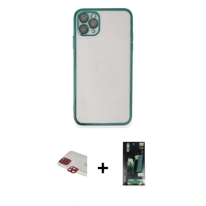 MARSİLYAN™- iPhone 11 Pro Max Kılıf Vadi Minimal - Siyah 360 Mat Full Body Arka Koruyucu + Pers Alüminyum Kamera Lens - KI