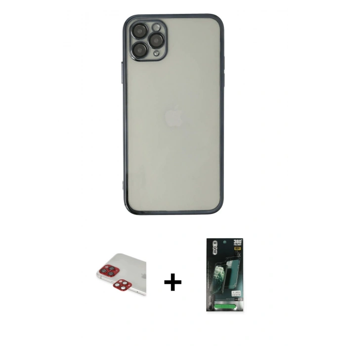 MARSİLYAN™- iPhone 11 Pro Max Kılıf Vadi Minimal - Siyah 360 Mat Full Body Arka Koruyucu + Pers Alüminyum Kamera Lens - KI