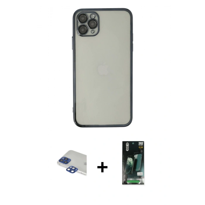 MARSİLYAN™- iPhone 11 Pro Max Kılıf Vadi Minimal - Siyah 360 Mat Full Body Arka Koruyucu + Lacivert Pers Alüminyum Kamera Lens