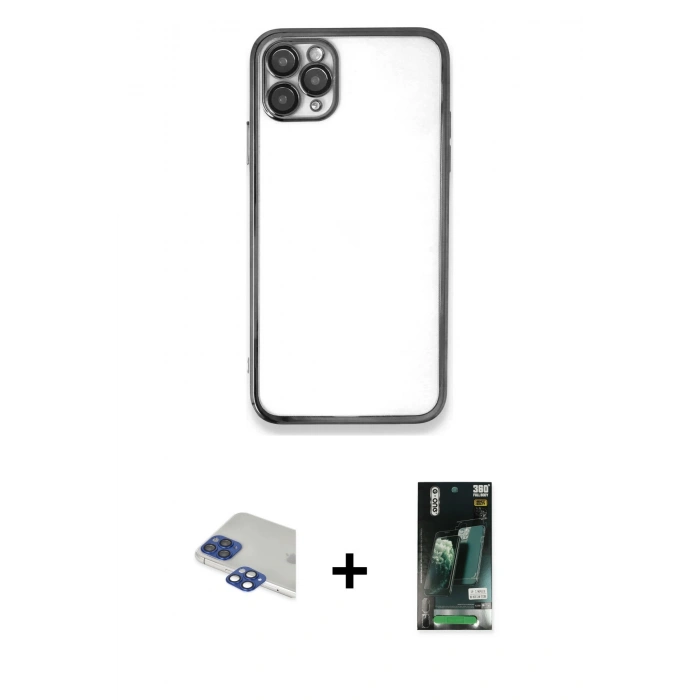 MARSİLYAN™- iPhone 11 Pro Max Kılıf Vadi Minimal - Siyah 360 Mat Full Body Arka Koruyucu + Lacivert Pers Alüminyum Kamera Lens