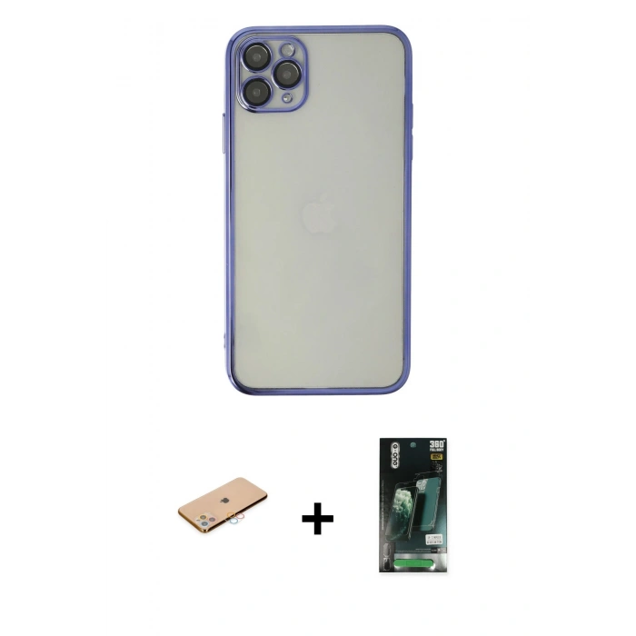 MARSİLYAN™- iPhone 11 Pro Max Kılıf Vadi Minimal - Siyah 360 Mat Full Body Arka Koruyucu + Renkli Kamera Lens Koruma Cam - PE