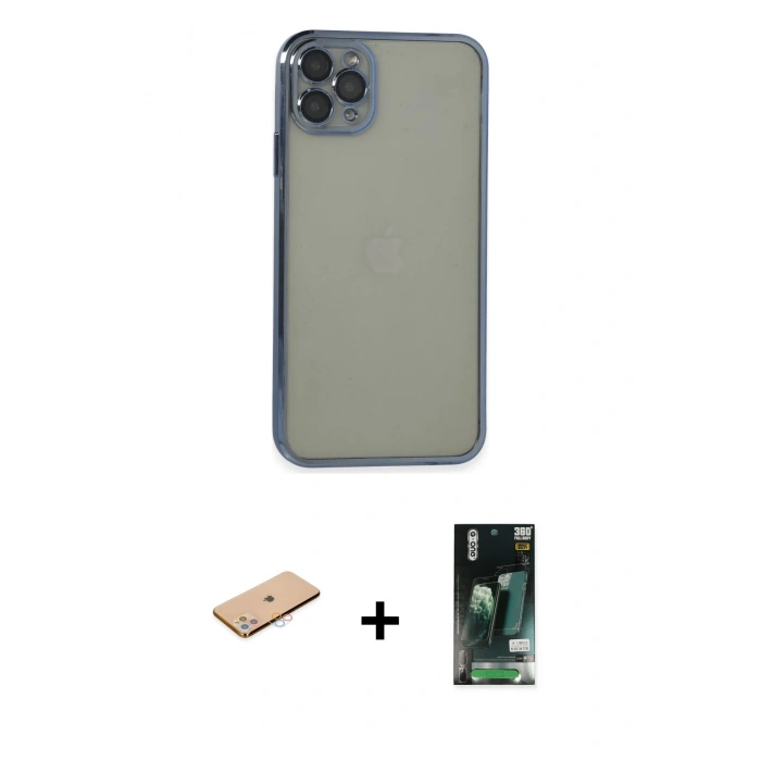MARSİLYAN™- iPhone 11 Pro Max Kılıf Vadi Minimal - Siyah 360 Mat Full Body Arka Koruyucu + Renkli Kamera Lens Koruma Cam - PE
