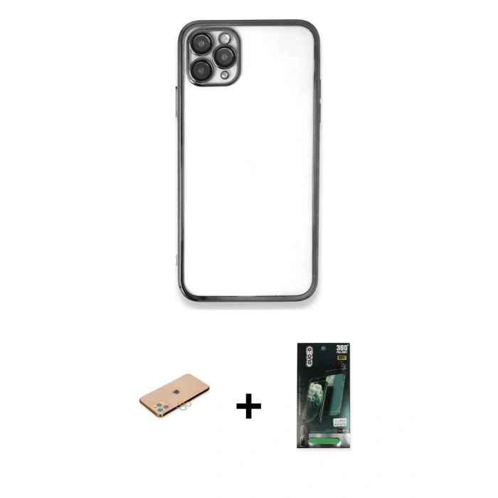 MARSİLYAN™- iPhone 11 Pro Max Kılıf Vadi Minimal - Siyah 360 Mat Full Body Arka Koruyucu + Renkli Kamera Lens Koruma Cam - PE